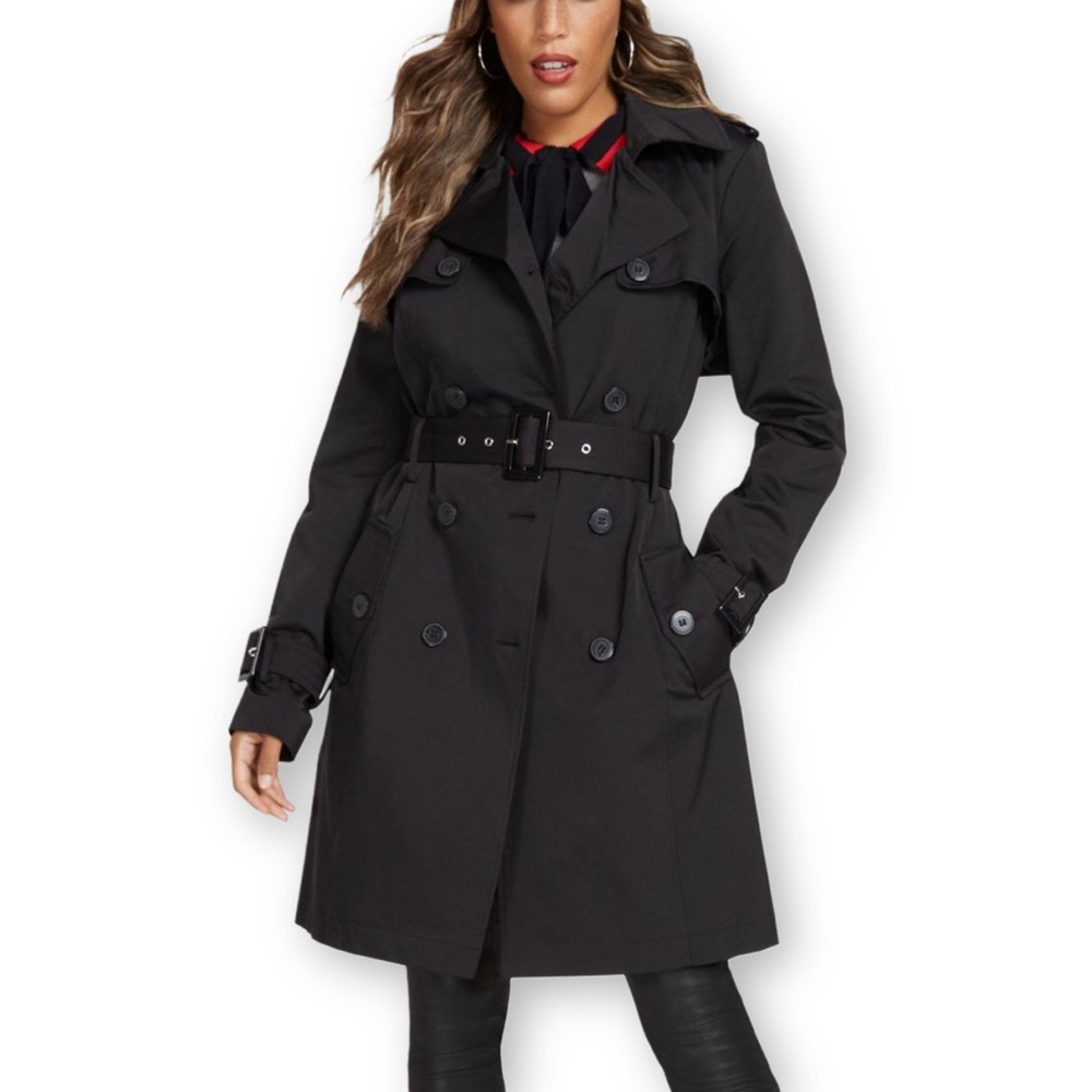 New York & Company Women’s XS Tall Belted Trenchcoat Black Double Breasted